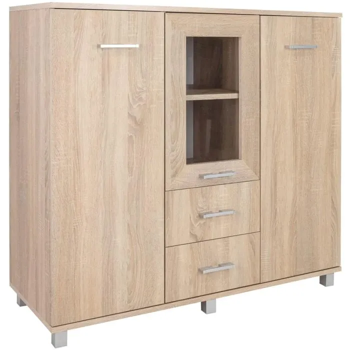 Komoda przeszklona dwudrzwiowa z szufladami 120cm dąb sonoma ALA