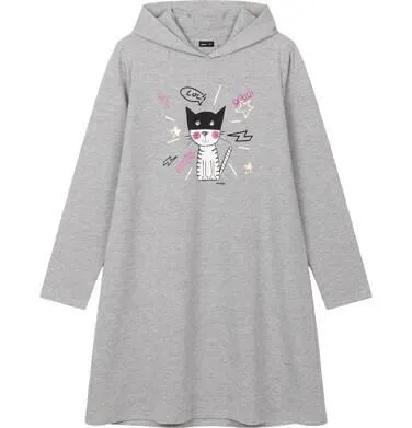 Sukienka z długim rękawem dla dziewczynki z kapturem, z kotem, szara, 9-13 lat