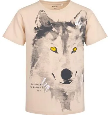 T-shirt z krótkim rękawem dla chłopca, z wilkiem, beżowy 9-13 lat