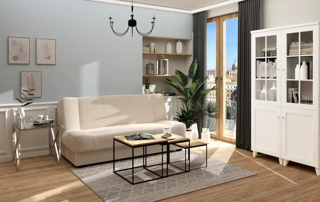 Salon - wersalka Bajka (diamentowy beż) i kolekcja Majorka (biały mat)