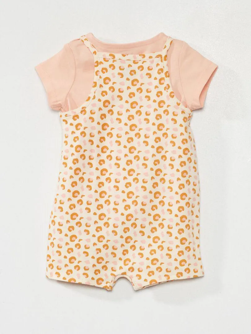 Ensemble salopette + t-shirt en coton - Rose/orange
