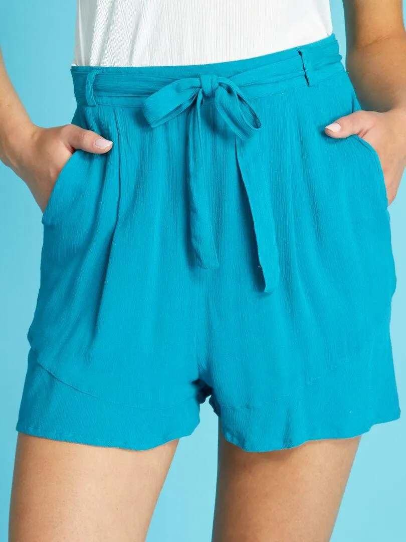 Short en matière crêpée - Bleu uni