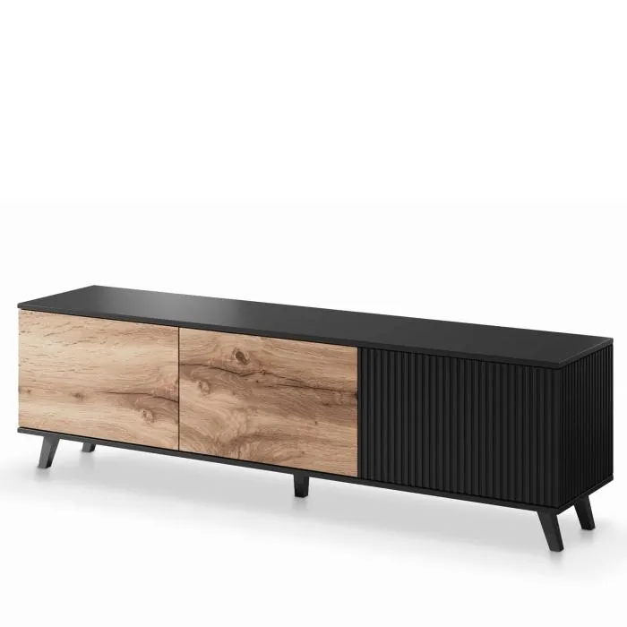 Szafka RTV z lamelami 180 cm dąb wotan czarna RANDOM