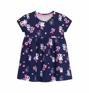 Sukienka z krótkim rękawem dla dziewczynki do 2 lat, deseń w pandy, granatowa