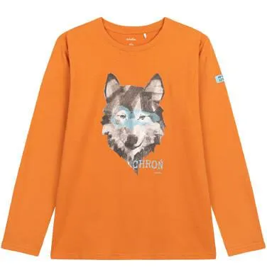 T-shirt z długim rękawem dla chłopca, z wilkiem, pomarańczowy 9-13 lat