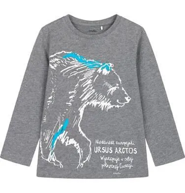 T-shirt z długim rękawem dla chłopca, z niedźwiedziem, szary 9-13 lat