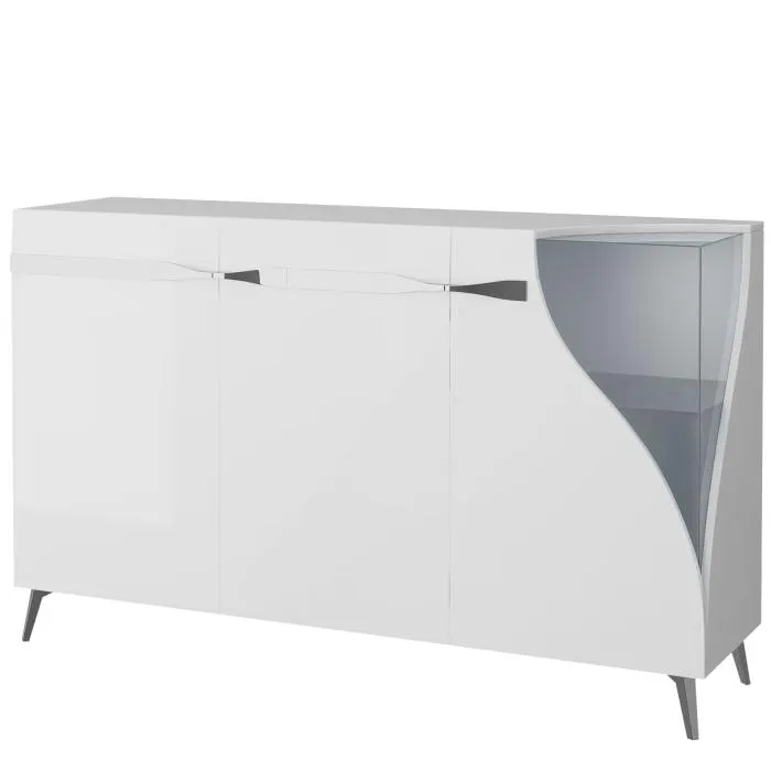 Przeszklona komoda trzydrzwiowa TULIP 2D1W biały połysk 160 cm chromowane uchwyty i nóżki