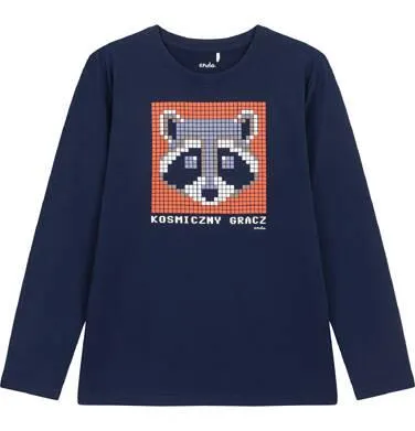 T-shirt z długim rękawem dla chłopca, z napisem kosmiczny gracz, granatowy 9-13 lat