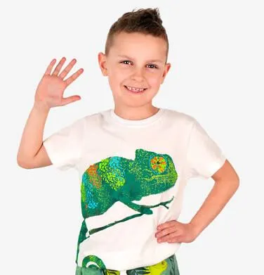 T-shirt z krótkim rękawem dla chłopca, z kameleonem, biały 3-8 lat