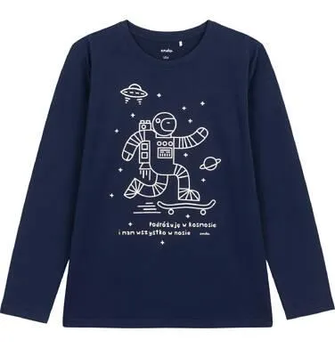 T-shirt z długim rękawem dla chłopca, z kosmonautą, granatowy 9-13 lat