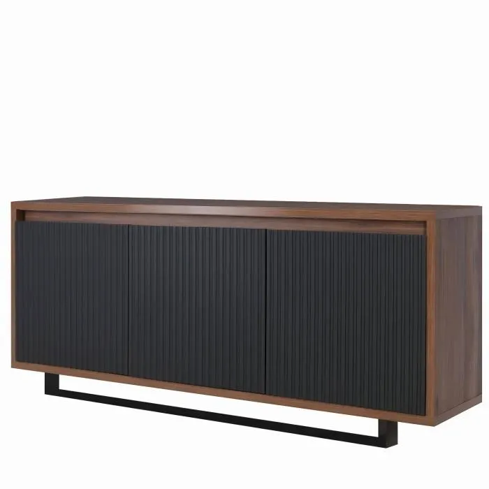 Nowoczesna komoda trzydrzwiowa MODERNO NEW 186 cm orzech, czarne ryflowane fronty + LED