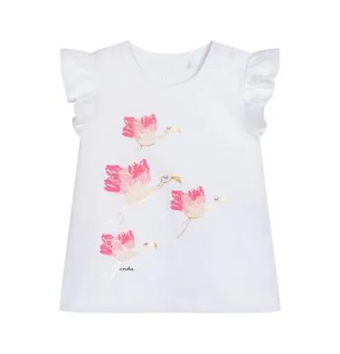 Bluzka z ozdobnymi rękawkami dla dziecka do 2 lat, z flamingami, biała