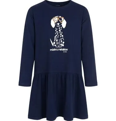 Sukienka z długim rękawem dla dziewczynki, z psem w okularach sercach, granatowa, 2-8 lat