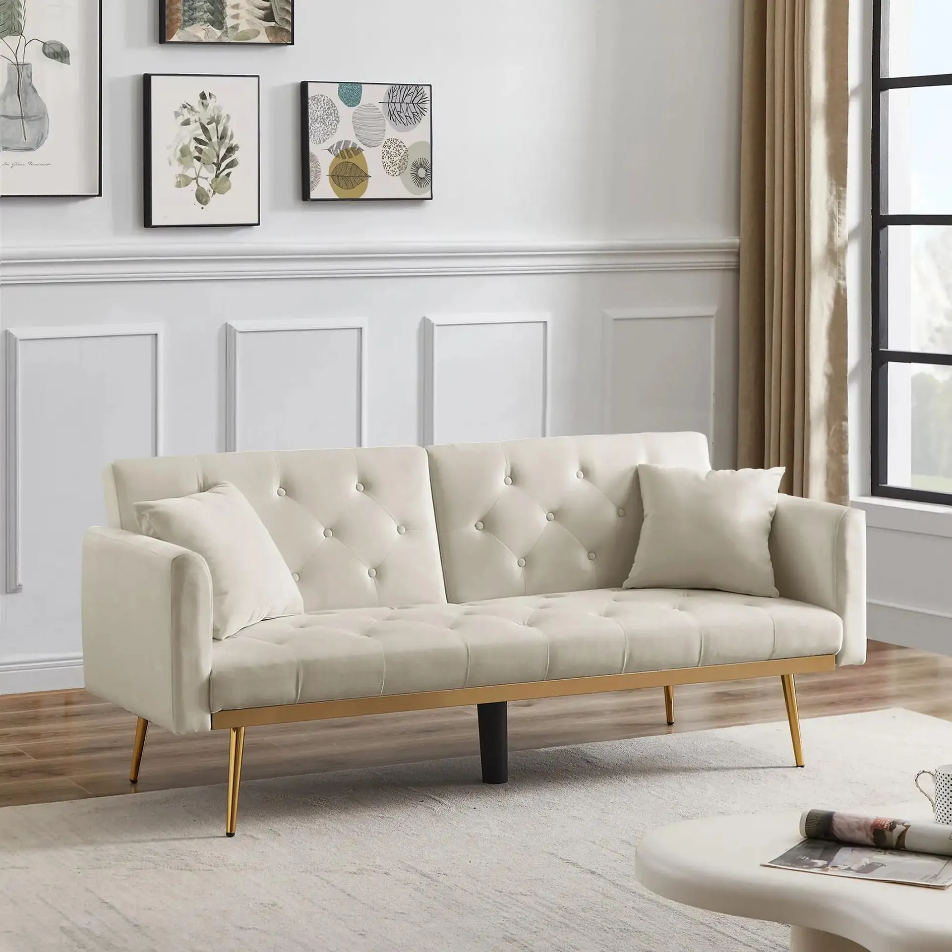 Modern Velvet Futon Sofa Bed with 2 Pillows, Convertible Sleeper Sofa with Gold Legs, Small Splitback Sofa for Living Room