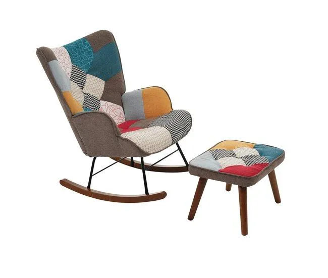 Cadeira de baloiço com apoio para os pés - com padrão patchwork colorido - Multicolor