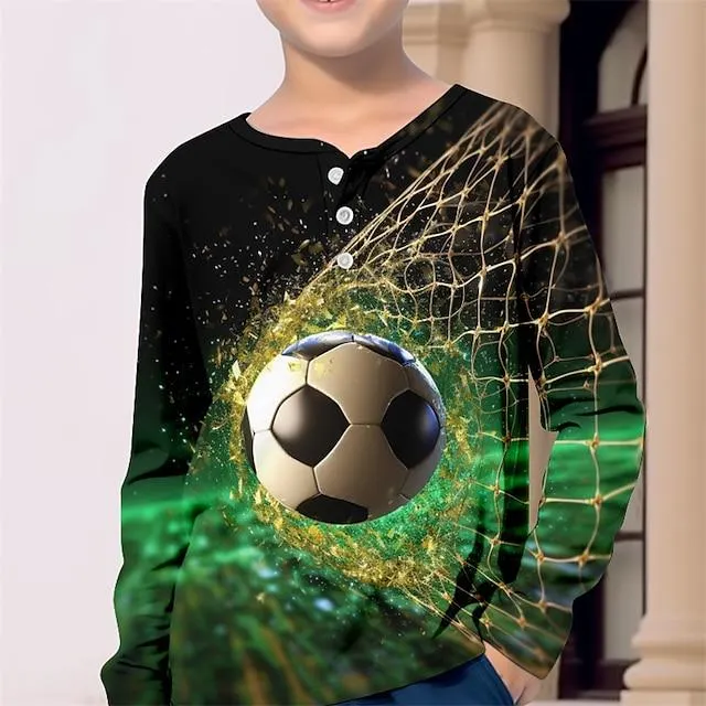 Jongens 3D Voetbal henley-overhemd Lange mouw 3D-afdrukken Herfst Winter Sport Modieus Streetwear Polyester Kinderen 3-12 jaar Strakke ronde hals Buiten Casual Dagelijks Normale pasvorm