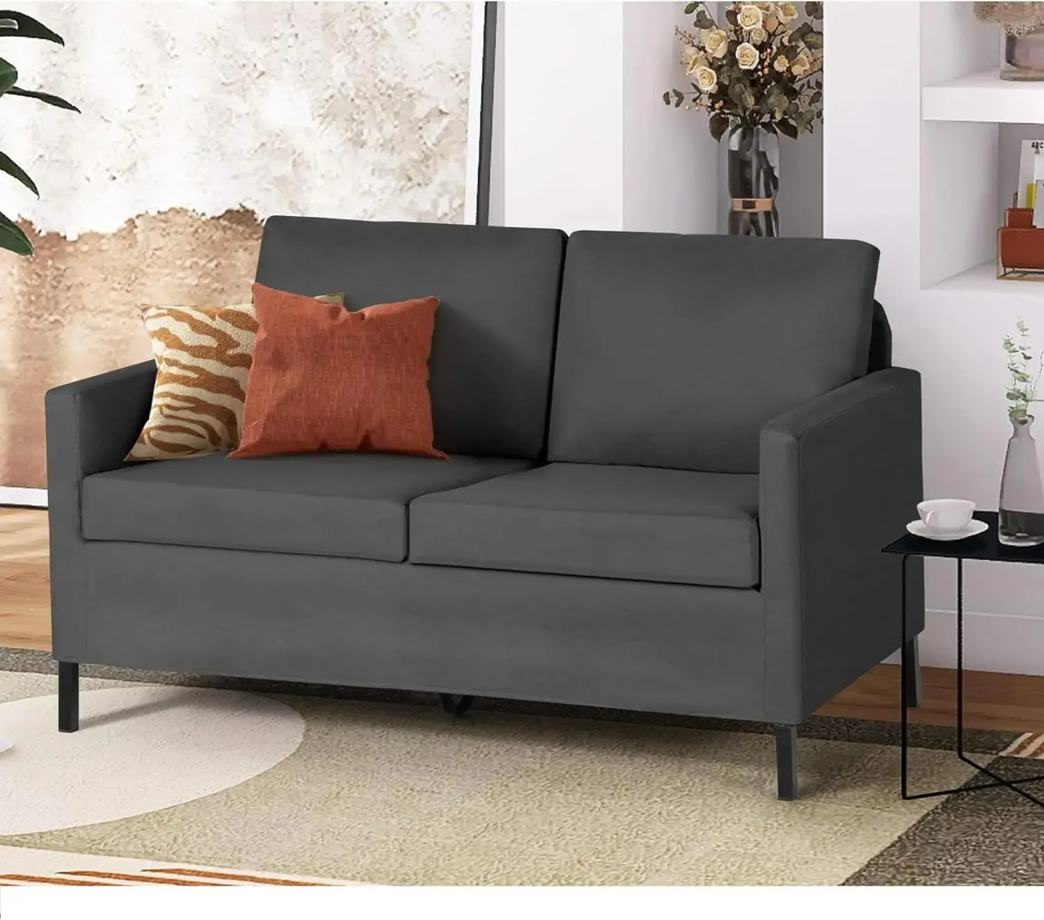 Linen Fabric Modern Small Loveseat Sofa Couch for Living Room, 51" W Upholstered 2-Seater Love Seats w/Iron Legs for Small Space