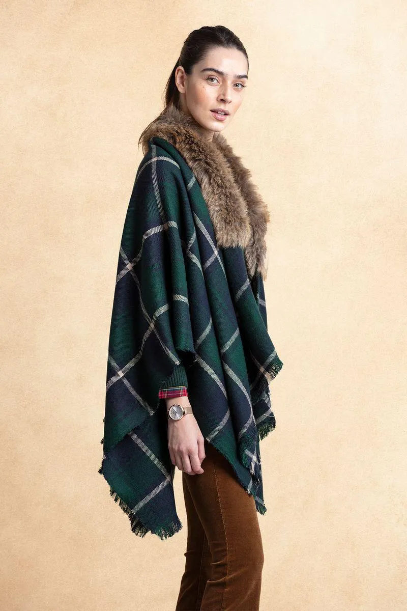 Poncho xadrez com gola de pelo