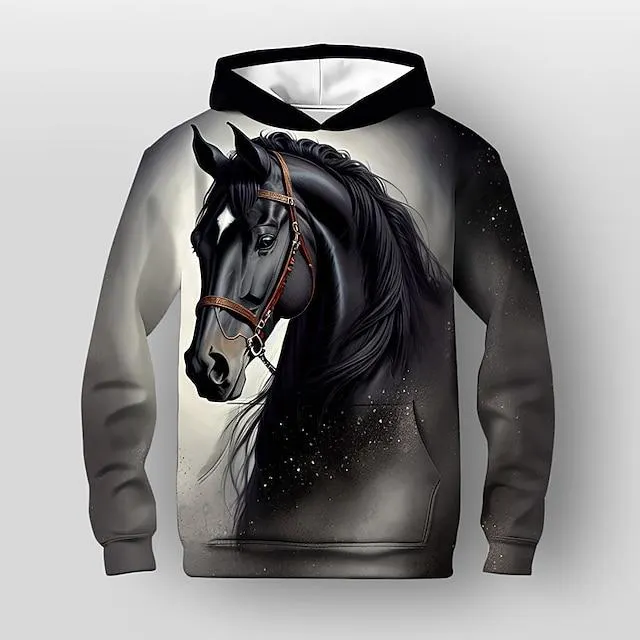 Jongens 3D Grafisch dier Paard Trui met capuchon Lange mouw 3D-afdrukken Lente Herfst Winter Modieus Streetwear Stoer Polyester Kinderen 3-12 jaar Buiten Casual Dagelijks Normale pasvorm