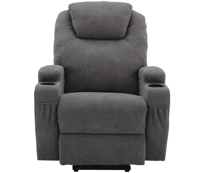 Cadeirão de relaxamento elétrico com funções de aquecimento e vibração - 2 suportes para copos e bolsos laterais - Cinzento