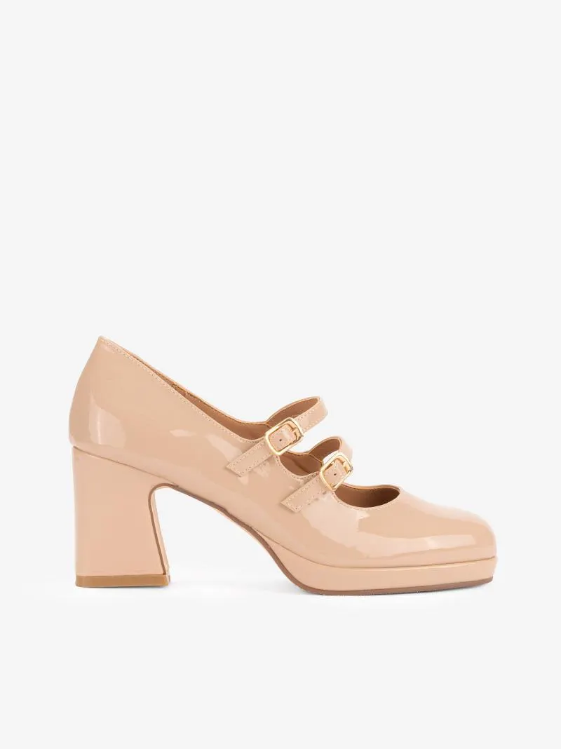 SAPATO MARY JANE DE TACÃO E PLATAFORMA EM VERNIZ DE DUPLA FIVELA