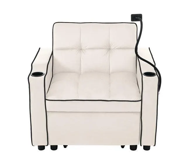 Poltrona retrátil de veludo - com suporte para copos + suporte para telemóvel - Bege