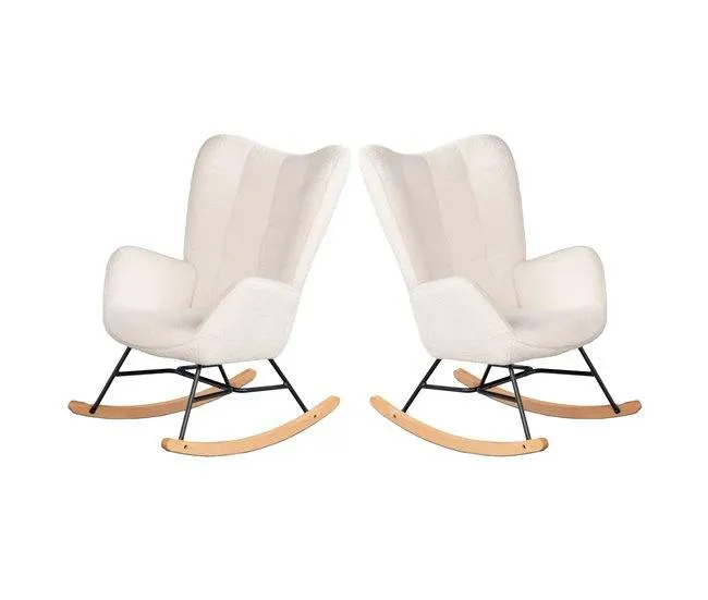 Cadeira De Balanço Ergonómica Estofada Em Tecido Bouclé Branco Com Base De Madeira Curva E Estrutura Metálica Preta, Estilo Moderno Para Sala Ou Quarto, Conjunto Com 2 Peças