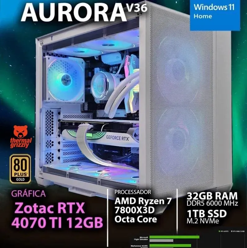 COMPUTADOR GAMING - AMD Ryzen 7 7800X3D / RTX 4070 TI 12GB / 32GB RAM / 1TB SSD / Windows 11 Home - CHIP7 AURORA V36