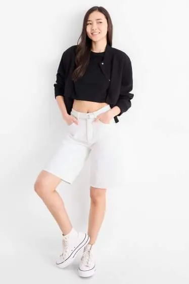 Denim Bermuda shorts with belt - mid-rise waist