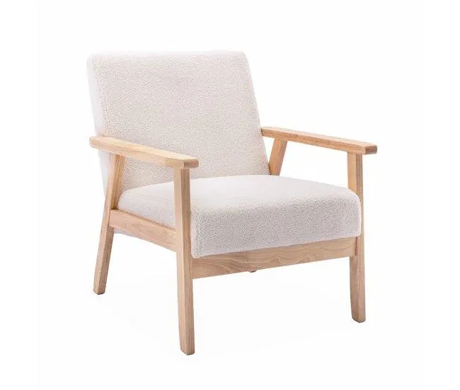 Cadeirão escandinavo encaracolado em madeira de hevea, Isak boucle, Boucle branco, 64x69.5x73 cm