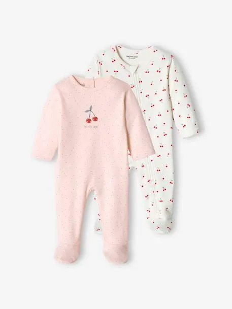 Lote de 2 pijamas cereja, em interlock, para bebé menina