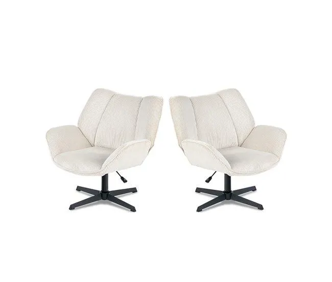 Conjunto De 2 Poltronas Giratórias Estofadas Em Veludo Canelado Bege Com Altura Ajustável E Base Metálica Preta Estilo Escandinavo Ideal Para Escritório Ou Sala Moderna