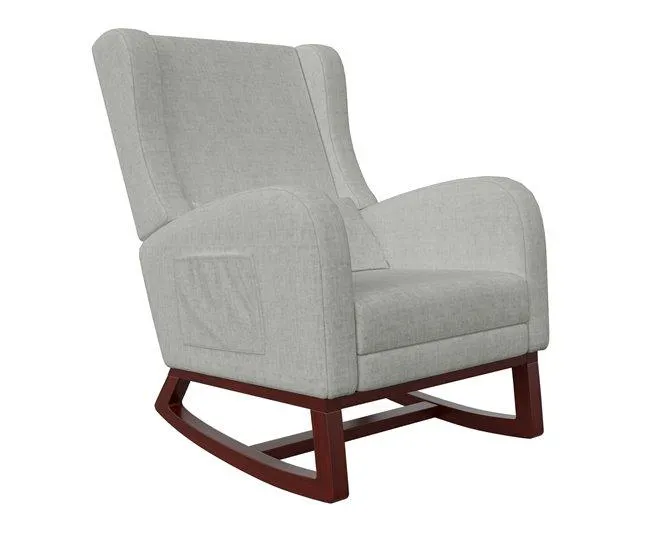 Cadeira de balanço com apoios de braços em madeira, tecido de linho bege, pés em madeira maciça, assento em couro, adequada para sala, quarto e apartamento