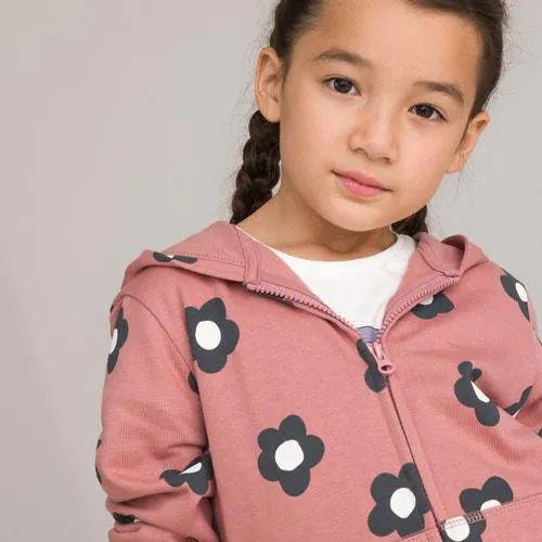 Casaco com fecho e capuz, em moletão, estampado floral