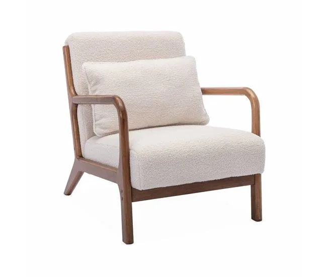 Cadeirão escandinavo em madeira de hévea clara, Lorens boucle, Branco, 65x80x79 cm