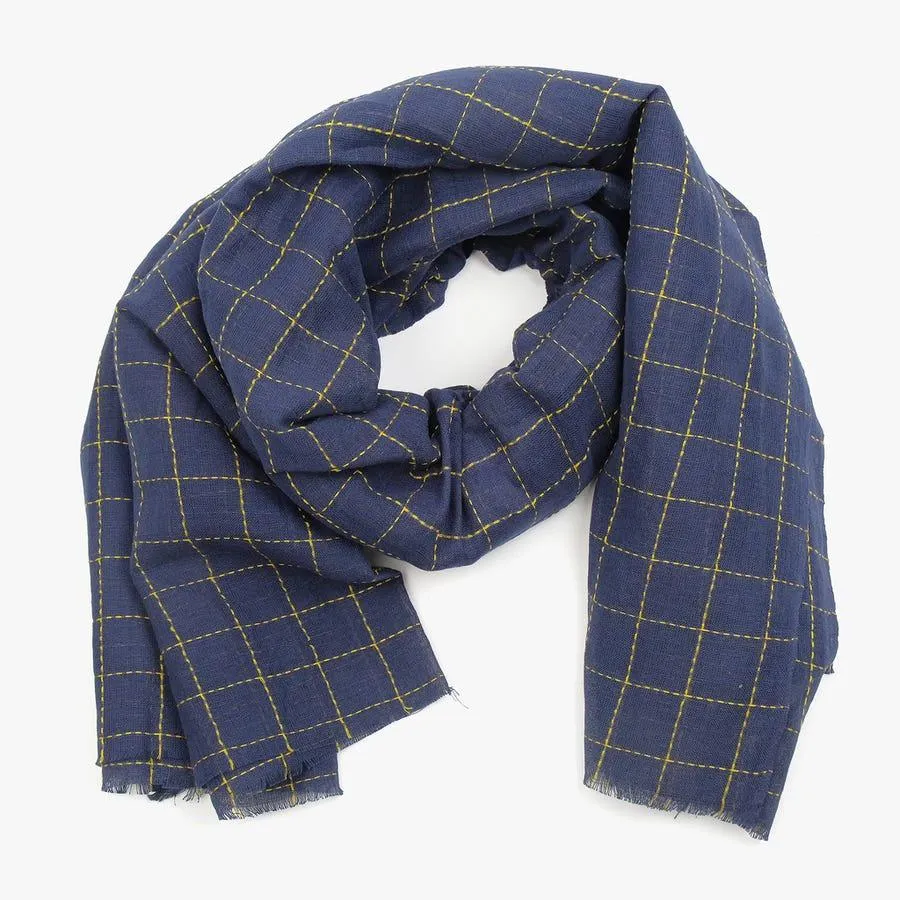 Echarpe Quadrados Azul e Amarelo 100x180 cm