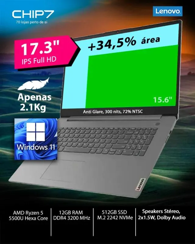PORTÁTIL LENOVO - AMD RYZEN 5 5500U / 12GB RAM / 512GB SSD / 17.3” Full HD / Windows 11 – IDEAPAD 3 17ALC6