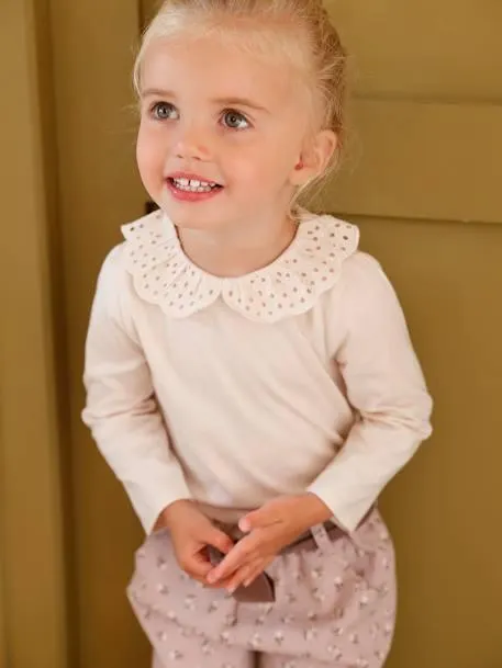 Camisola com gola bordada, de mangas compridas, para bebé - bege claro liso