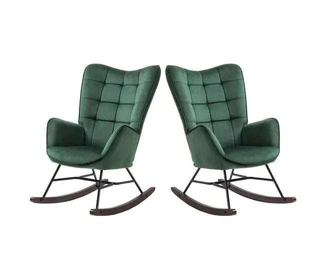 Conjunto Com 2 Cadeiras De Balanço Em Veludo Verde Com Encosto Alto, Assento Acolchoado E Base De Madeira Curvada, Estilo Moderno Para Sala Ou Quarto, Poltrona Rocking Ergonómica E Confortável
