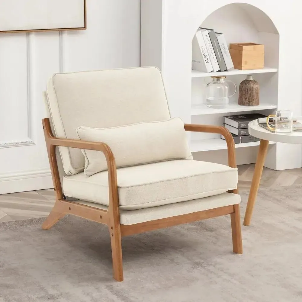 Mid Century Modern Accent Chair Arm Chairs for Living Room with Lumbar Pillow Upholstered Lounge Arm Chair with Solid Wood Frame