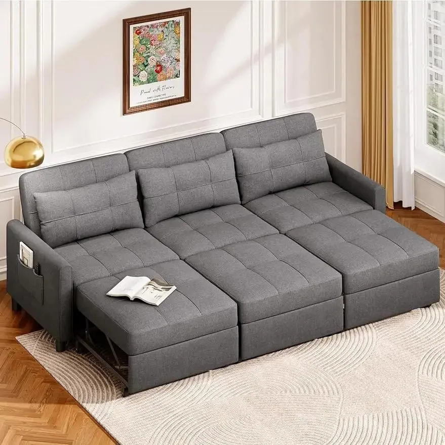 Convertible Sectional Sofa Bed, Sleeper Sofa Bed with Pocket, 84" Pull Out Couch with Ottoman for Livingroom, Apartment