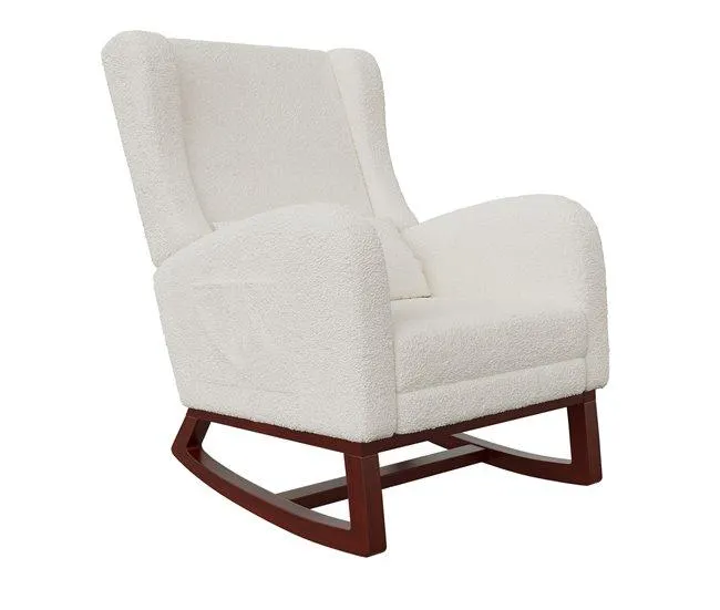 Cadeira de balanço Sherpa bege quebrado com apoios de braços em madeira, cadeira de baloiço em couro com pés em madeira maciça para sala, adequada para quarto e apartamento