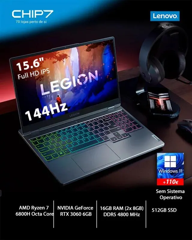 Portátil Notebook Lenovo - AMD Ryzen 7 6800H / RTX 3060 6GB / 16GB RAM / 512GB SSD / 15.6" Full HD / Sem Sistema Operativo - Legion 5 15ARH7H-122
