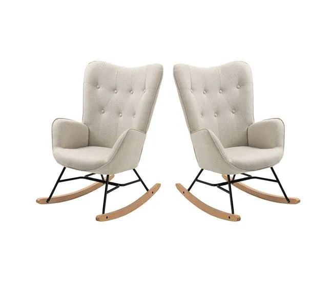 Cadeiras De Balanço Em Tecido Bege Com Encosto Alto Ergonómico E Pernas Curvas Em Madeira, Design Moderno Para Sala Ou Quarto Infantil, Conjunto De 2, Suporta Até 120 Kg, Cadeira De Amamentação Com Assento Acolchoado Para Máximo Conforto