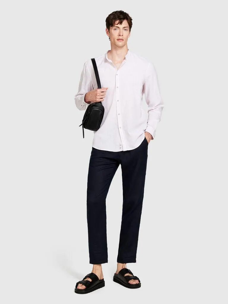 Camisa com gola coreana em mistura de linho