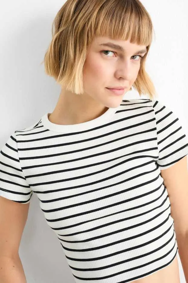 Cropped T-shirt - ribbed - striped