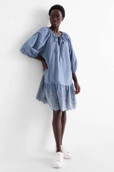 A-line dress - broderie anglaise - denim look