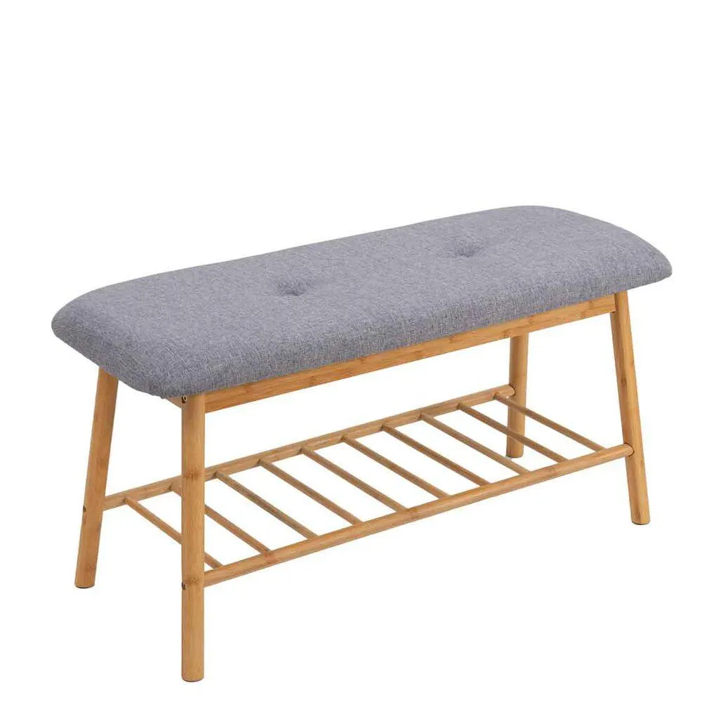 Banco cinza com estante em bambu