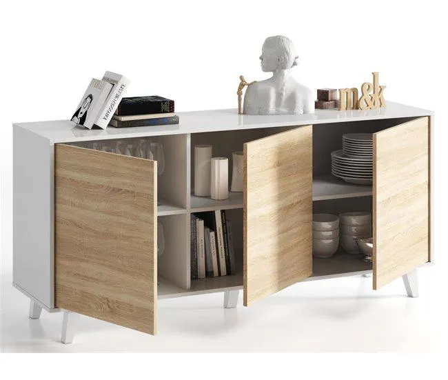 Aparador sala 3 portas LINE cor branco e carvalho