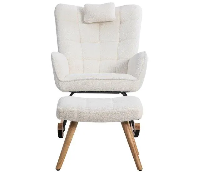 Cadeira de baloiço、Cadeira de baloiço em tecido turco francês - com almofada e apoio para os pés - Branco